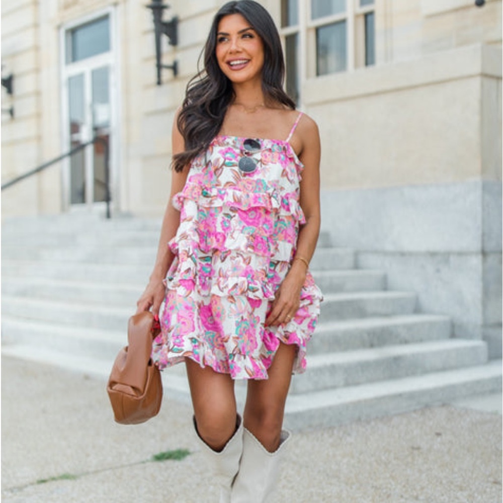 Pink Lily Floral Pink Ruffle Printed Mini Dress